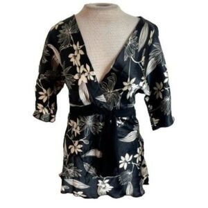 Muaa Floral Top Shirt Blouse Black Tan M Medium